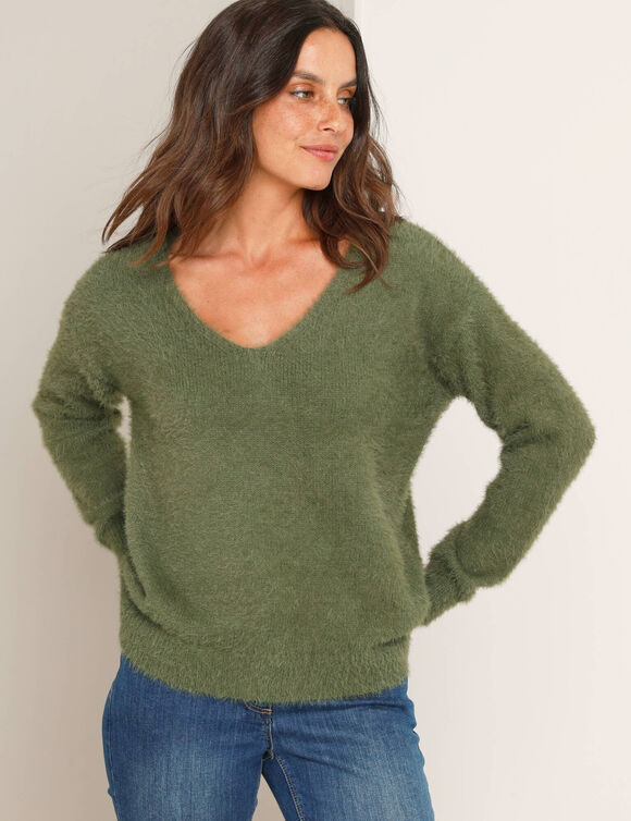 Pull décolleté dos avec liens à nouer, maille poilue (vert tilleul) Pull décolleté dos avec liens à nouer, maille poilue (vert tilleul)